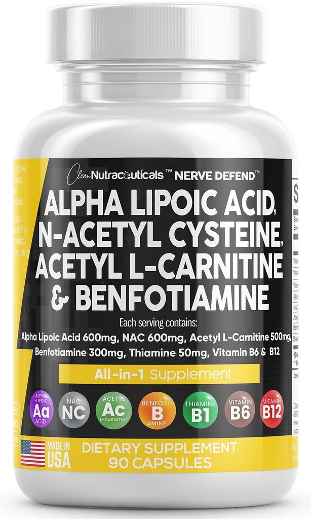 Alpha Lipoic Acid 600mg N- Acetyl Cysteine 600mg Acetyl L- Carnitin 500mg Benfotiamin 300mg - Nerve Supplement pro ženy a muže s vitamínem B1 B6 & B12 - Vyrobeno v USA 90 Caps