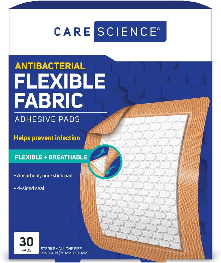 Péče Věda Fabric Adhesive Pad Obvazy, 3x4 palce Extra velké flexibilní Non- Stick Strip, pomáhá zabránit infekci, dýchací ochrana, pro první pomoc & Wound Care, 30 Počet