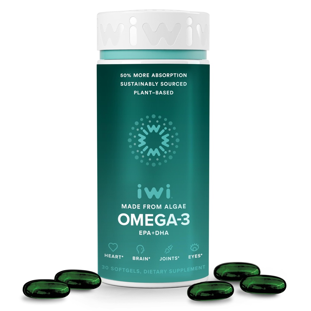 Iwi Omega-3, 30 Softgels (30 Služeb), Vegan Plant- Based Algae Omega 3 s EPA + DHA, Whole- Body Support Dietary Supplementary, Krill & Fish Oil Alternative, No Fishy Aftertact