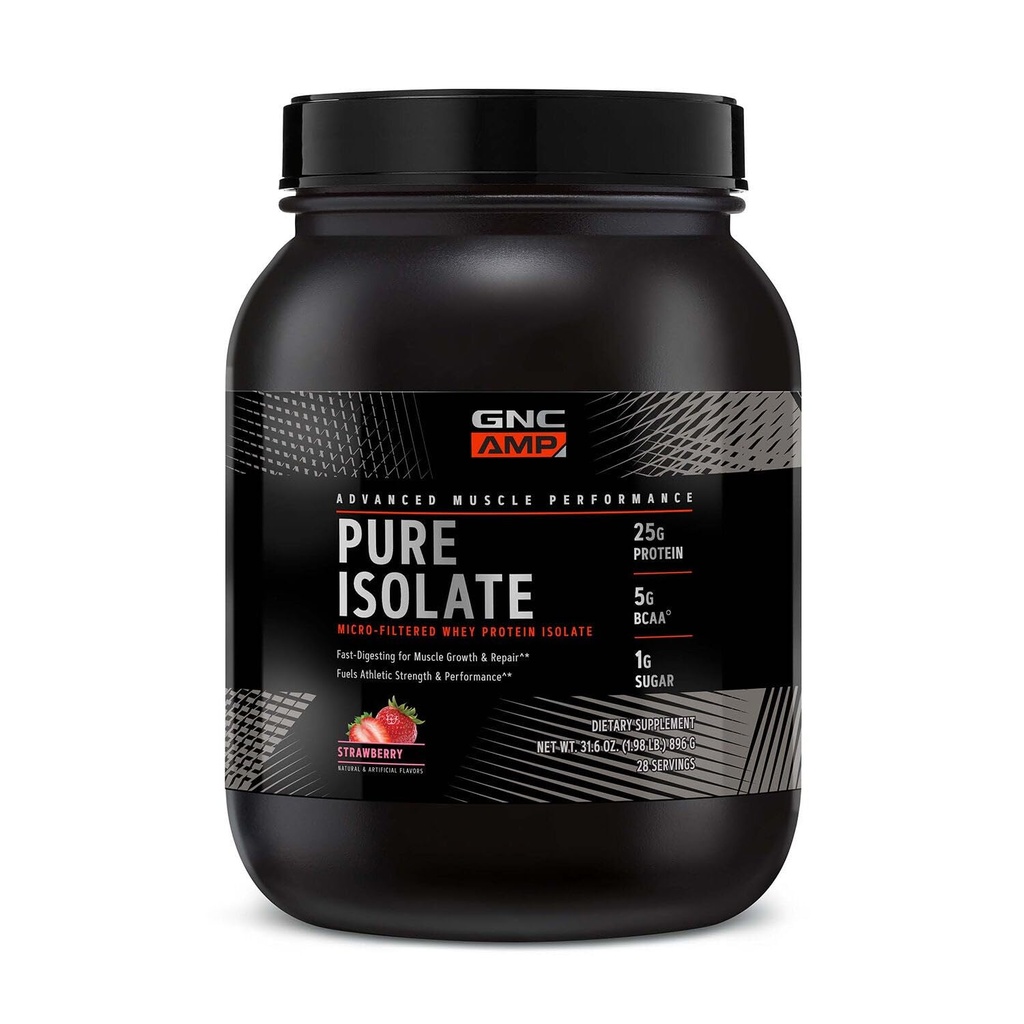 GNC AMP čistý izolát syrovátkového proteinu prášek, růst svalů, zotavení, výkon, 25g protein, 5g BCAA, 1g cukru, 130 kalorií nebo méně, třetí strana testována, gluten zdarma, jahoda, 28 SVG
