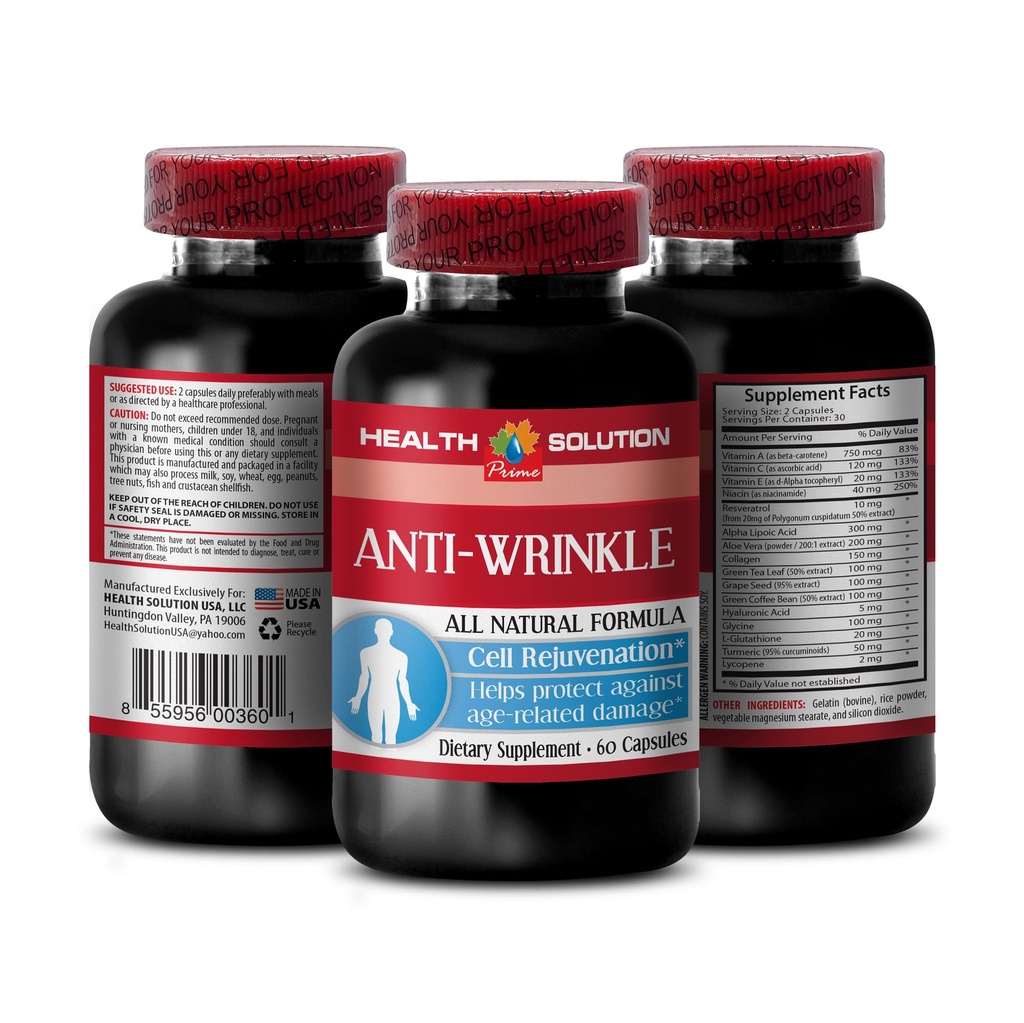 Vitamin E kolagen - ANTI-WRINKLE COMPLEX - Kožní minerály, Antiaging přírodní vzorec, anti-vrásky kapsle na obličej, sérové anti vrásky, alfa lipoová kyselina, anti vrásky pilulky pro ženy, 1B 60 Caps