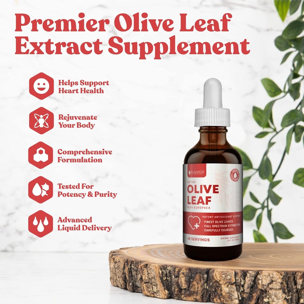 Rejuvica Active Olive Leaf Extract Curring Oleuropein Liquid Drops for Immunication & Heart Support CY124; Fast- Absorption, Vegan, Alcohol- Free CY124; 6 fl oz