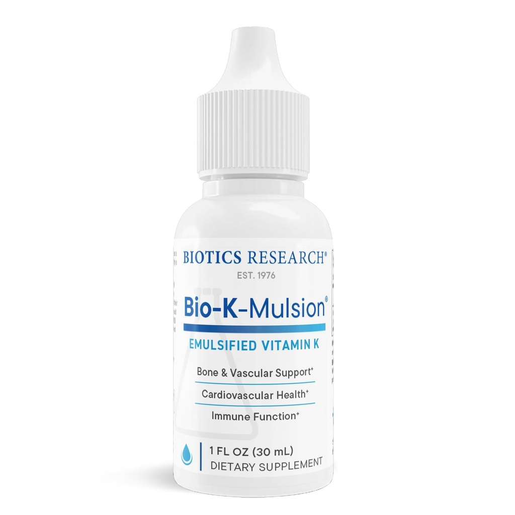 Biotika Výzkum Bio K Mulsion Liquid Vitamin K Drops - 500 mcg / S - Vitamin K1 fytonadion pro dospělé - VIT K dodatek - Silné kosti, srdeční zdraví, Krevní Clotting Podpora, 1 fl oz