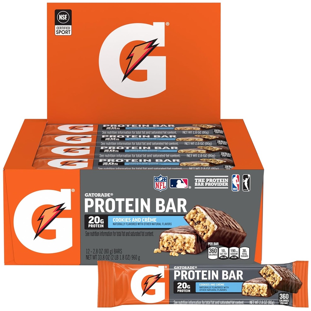 Gatorade syrovátkové proteinové tyčinky, cookies & Crème, 2,8 oz bary (balení po 12, 20g bílkovin na bar)