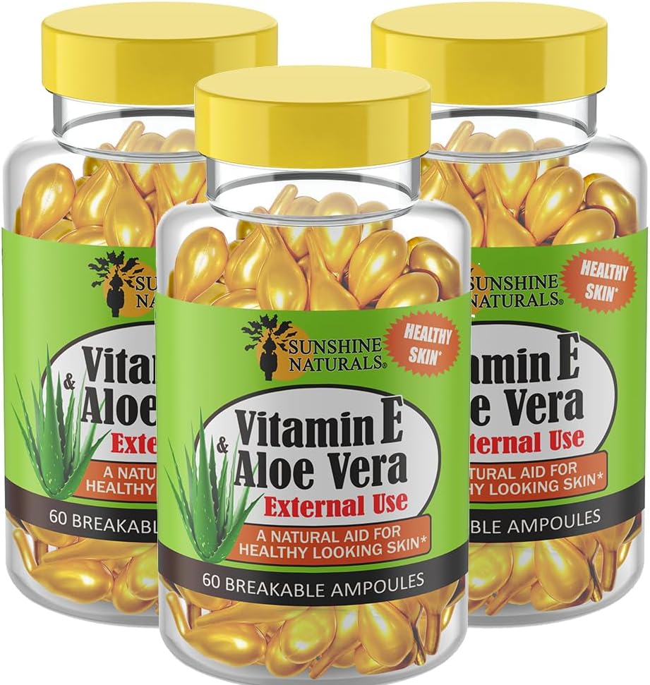 Sunshine Naturals Vitamin E a Aloe Vera Moisturizer. Hydratační Formule pro suchou pokožku, uklidňující pokožku, nurizaci a pokožku elasticitu. Podporuje měkkou a zdravě vypadající pleť. 60 lahviček. Balení po 3 ks