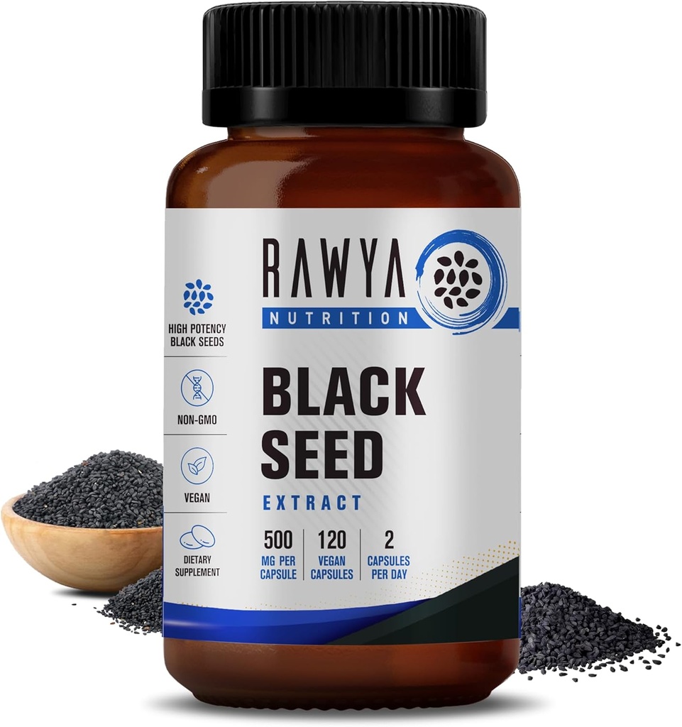 RAWYA Nutrition Black Seed Extract, Nigella Sativa, Black Cumin Seed Powder, 500 mg Každý, Promotes Wellness, Flexibility, a Radiant Skin, Halal, Vegan, Čisté a přírodní doplněk - 120 Vegan Kapsle