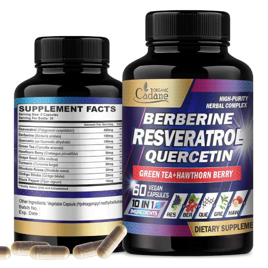 Cadane Resveratrol dodatek - 10in1 Plus s Quercetin, Berberine, Green Tea, Grape Seed, Hawthorn Berry, Turmeric, Rhoddiola Rosea, Ginkgo Biloba, a Black Pepper - 60 Kapsle