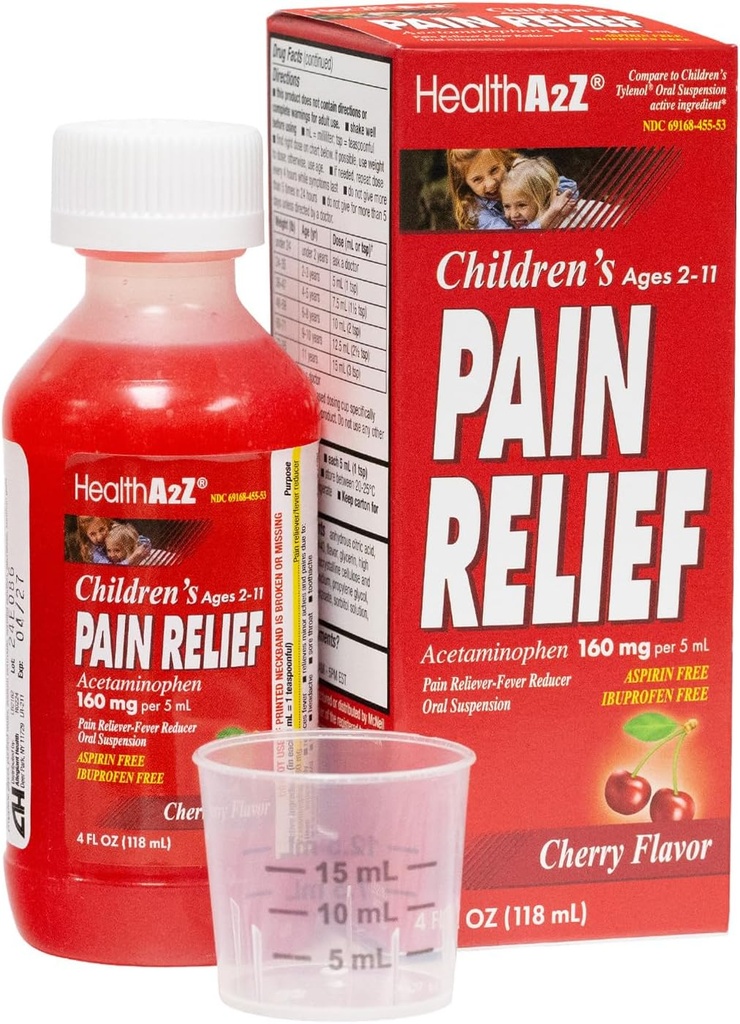 HealthA2Z ® Children 's Pain Relief CLAS124; Acetaminophen 160 mg (5ml) CLAS124; Acetaminophen 2-11 CLAS124; Cherry Flavor CLAS124; Pain Reliever - Fever Reducer - Oral Suspension CLAS124; Aspirin a Ibuprofen Free CLAS124; 4FL OZ (118 ml)
