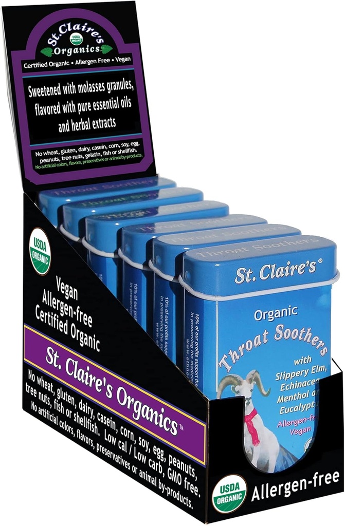 St. Claire 's Organics Throat Soothers, (1.5 Ounce Tin, Pack of 6) CUP124; Gluten- Free, Vegan, GMO- Free, Plant- based, Allergen- Free CUP124; Made in our Allergen- Free Facility