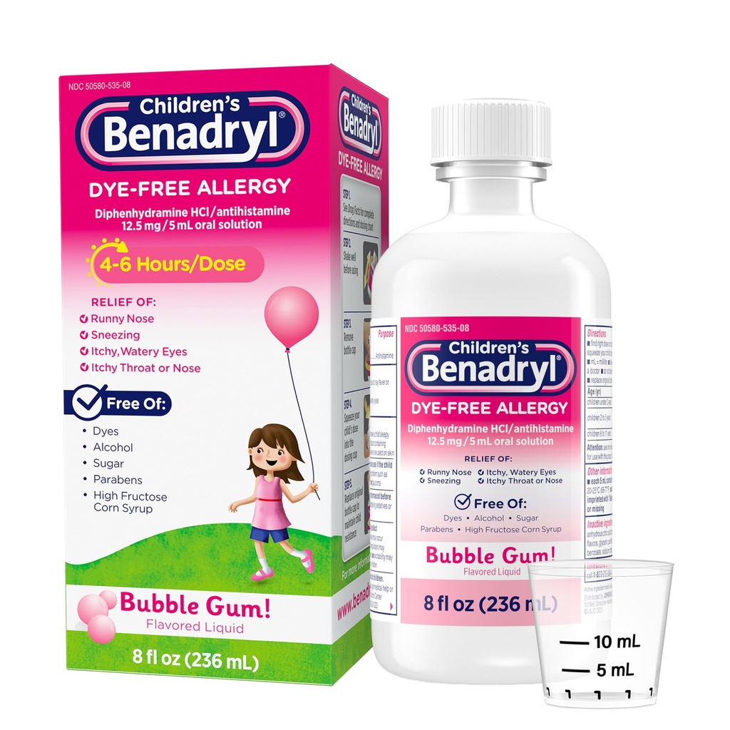 Benadryl Children 's Dye- Free Alergics Relief Liquid, Alergie Medicine for Kids, 12, 5 mg Difenhydramine HCl Antihistamin, Relieves Runny Nose & Suezing, Paraben- Free, Bubble Gum Flavor, 8 fl.