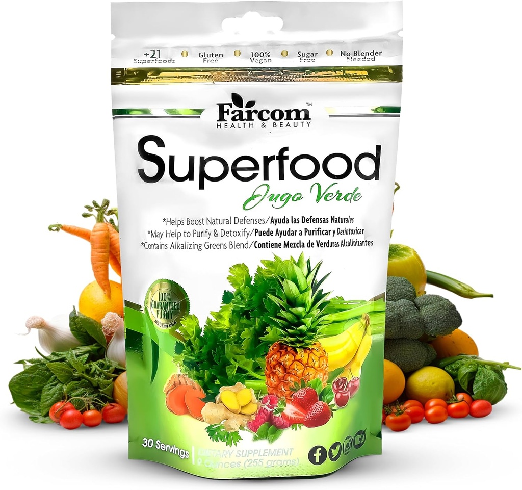 Superfood Green Juice Powder - Směs více než 21 Super Zelených, Adaptogeny, Prebiotika, Probiotika, Antioxidanty - Detox, Energie a Imunitní Supplement - Vegan, Gluten- Free