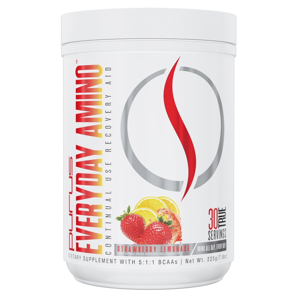 Purus Labs Everyday Amino BCAA Powder 124; Amino Acids for Muscle Hydration & Recovery 124; Sugar Free & gluten Free Office 124; 30 Servings (Strawberry Lemonade)
