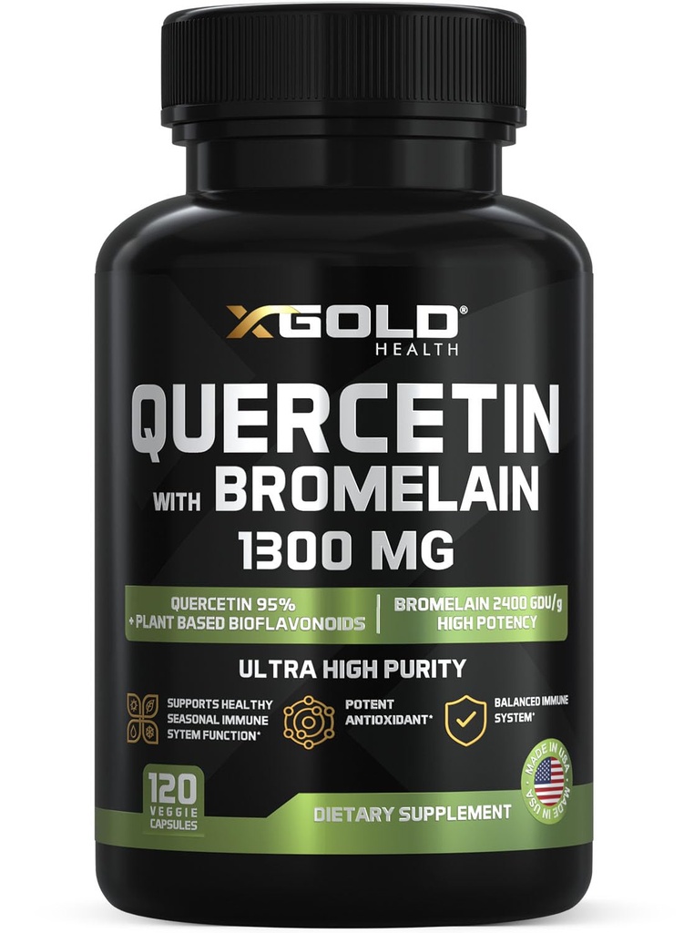 Quercetin + Bromelain 1,300mg - Quercetin: 95% - Vysoce čištěný a vysoce biologicky dostupný Plus Bromelain 2,400 GDU / g - Vyrobeno v USA 124; 120 Caps