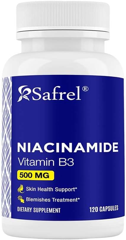 Safrel Niacinamid 500mg (vitamin B3) - 120 Kapsle - Kožní zdraví a bělidlo podpora - Non- GMO, gluten- Free - Flush- Free Formule - pro muže a ženy