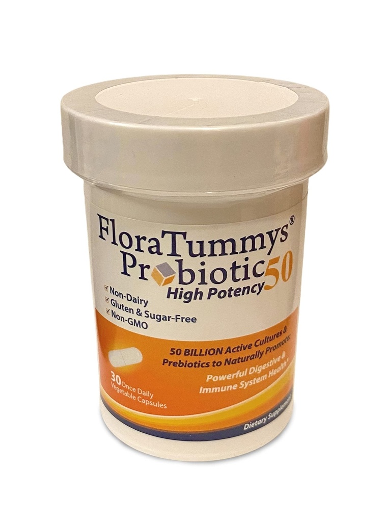 FloraTummys 50 High potency Adult Probiotic, 50 Milionů CFU, Prebiotika, Dairy Free, Gluten Free Probiotic, Non- GMO, Sugar- Free, Made in USA