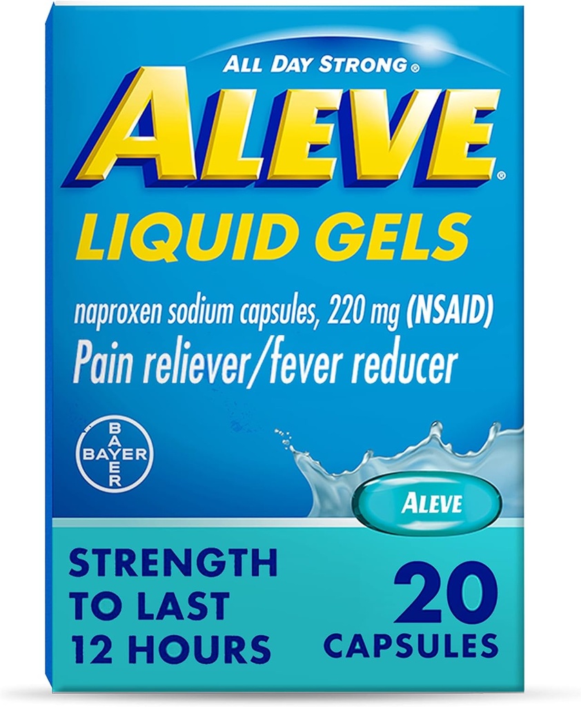 Aleve Pain Reliever & Fever Reducer Liquid Gels, Naproxen Sodná sůl, Relief bolesti, 20 Počet