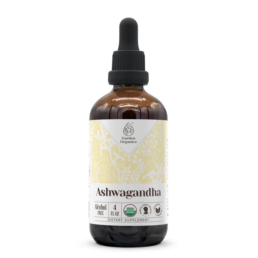 Ashwagandha USDA Organic Alcohol- Free Extract 124; Dietní dodatek, high- potency tinktura 124; Natural Certified Organic Ashwagandha (Witania Somnifera) Sured Root (4 oz)