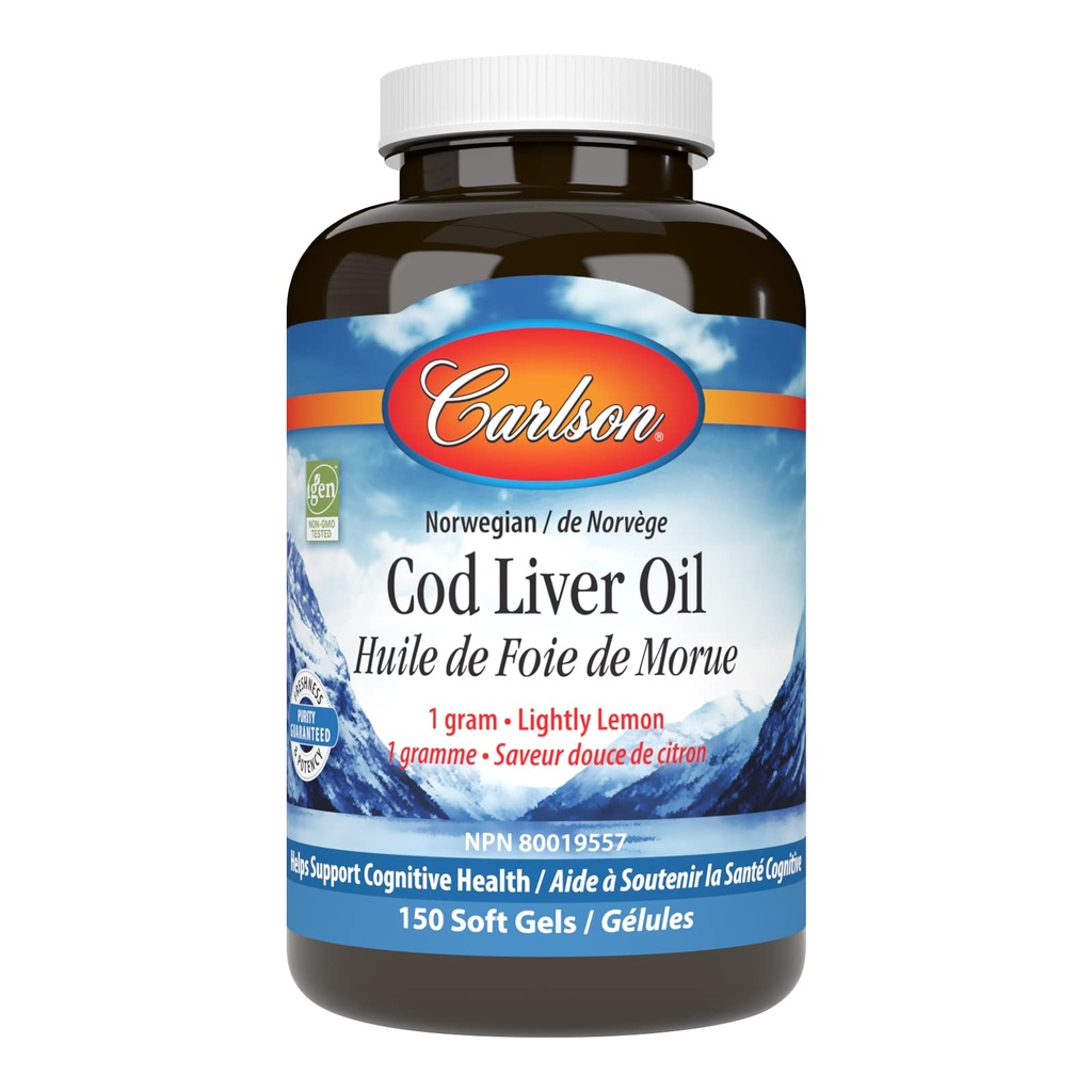 Carlson - Cod Jaterní olejové drahokamy, 460 mg Omega-3s + vitaminy A & D3, Wild-Catched Norsky Arctic Cod- Jaterní olej, Udržitelně sourced Nordic Fish Oil Capsules, Lemon, 150 Soft Gels