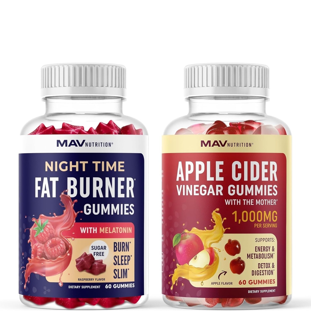 MAV NITRION Night Time Fat Burner Gummies a Apple Cider Ocet Gummies Cummea 124; Nighttime, Metabolismus Boost & Weight Management Gummy Bundle 124; 30 Servings Each