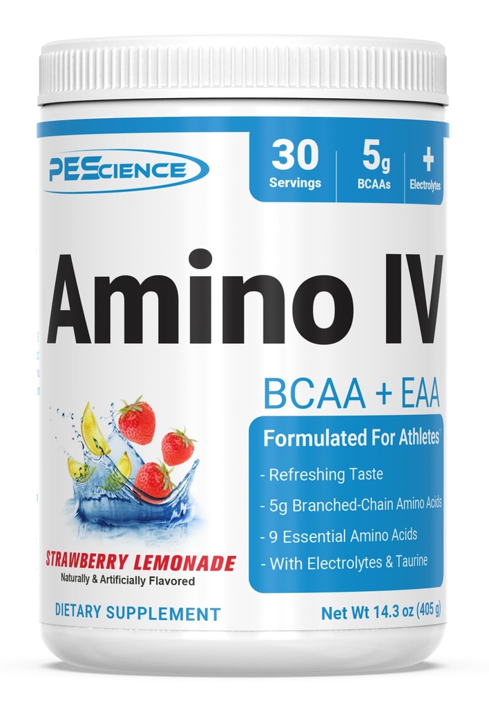PEScience Amino IV BCAA & EAA Powder, Essential Amino Acids, Taurin, Electrolytes for Hydration and Muscle Recovery, Sugar Free for Men & Women, Post Workout - Jahodová limonáda, 30 Služeb