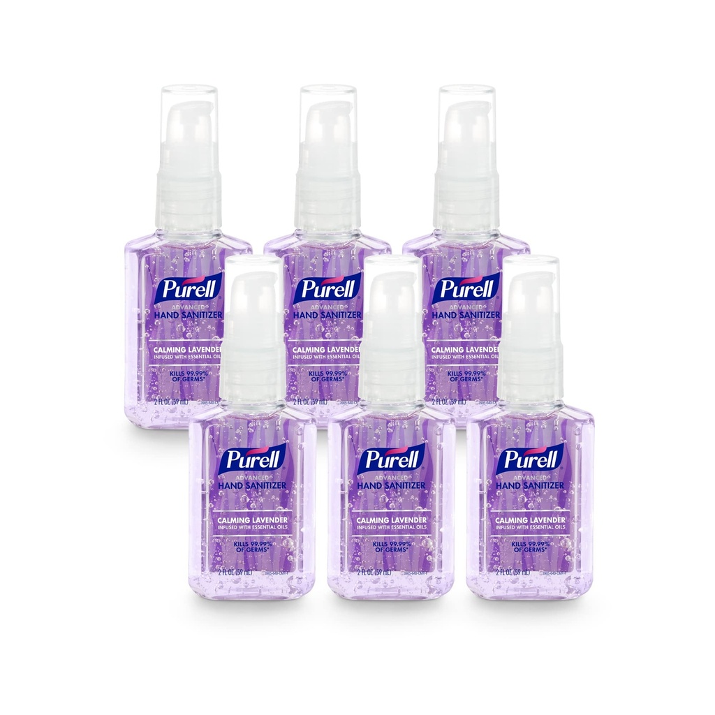 Purell Advanced Hand Sanitizer Gel Infused with Essential Oils, Calming Lavender, 2 fl oz Travel- Size Pump Bottle (Pack of 6), 3905-04-EC