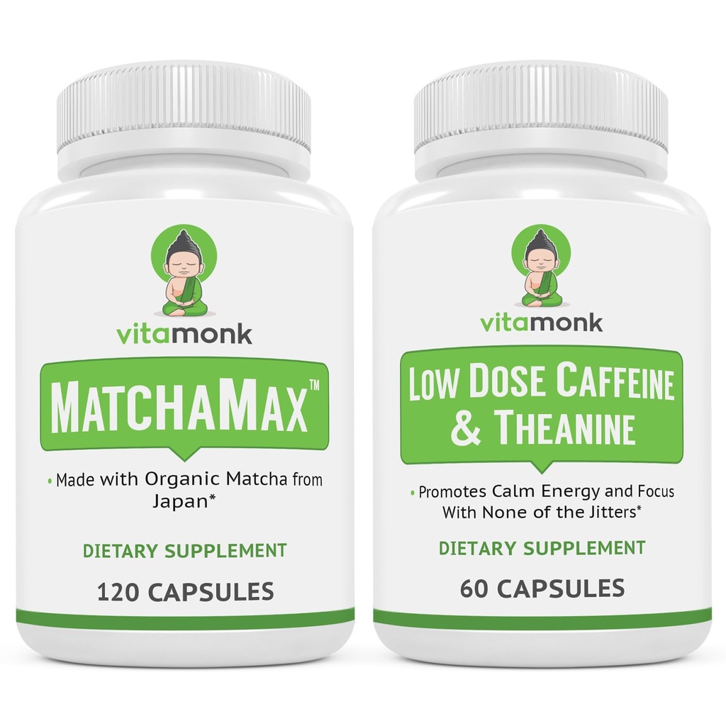 VitaMonk Energy & Focus Bundle: MatchaMax Organic Japanese Matcha Kapsle Nízké dávky kofeinu a theanin