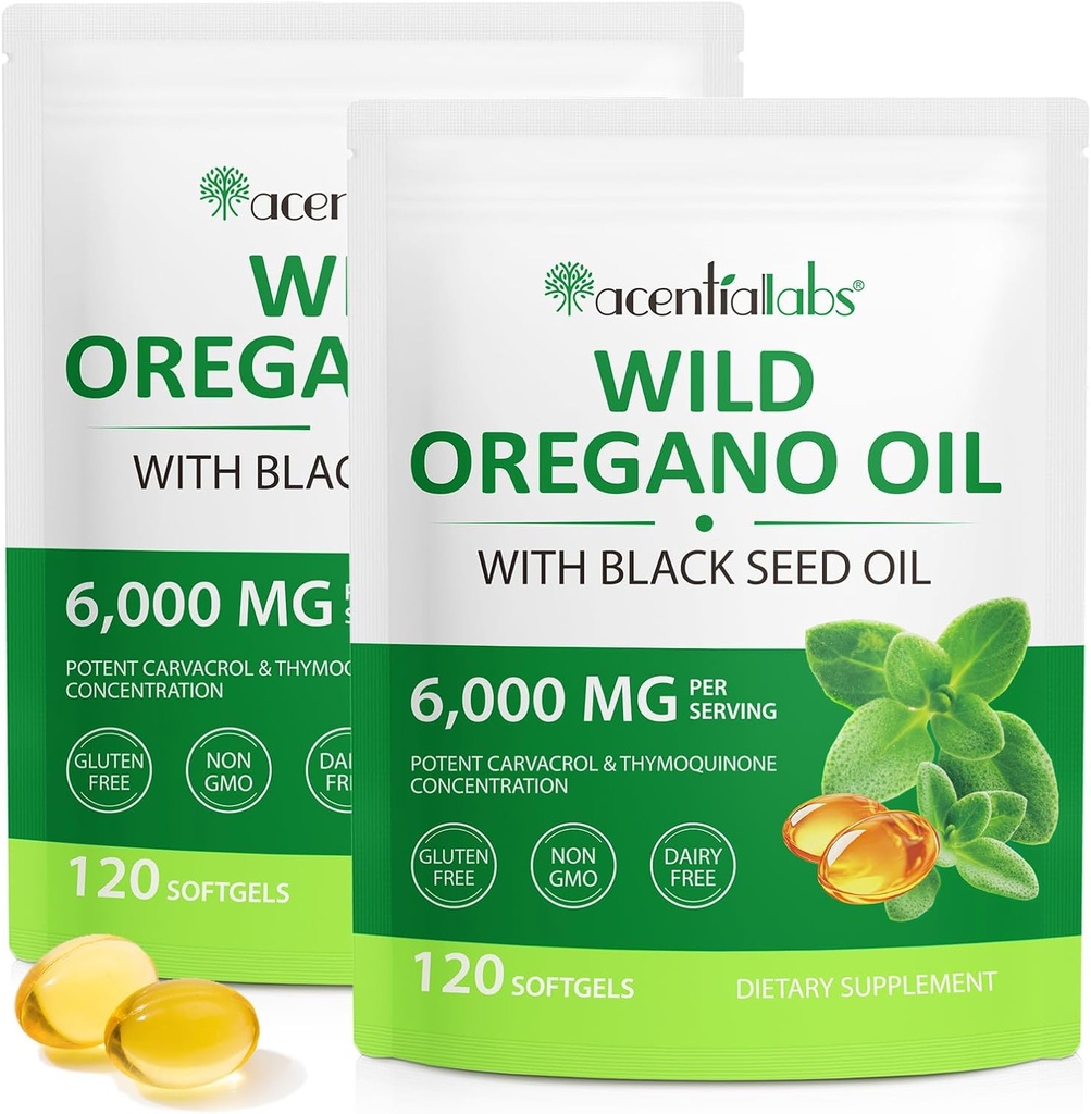 Olej Oregano Softgels 6000mg 2 Pack, 2 v 1 Vyrobeno s černým semenným olejem 120 Počet, Oregano Oil Kapsle Organické, Gluten Volný olej Oregano Softgels, Non- GMO & Imunitní podpora