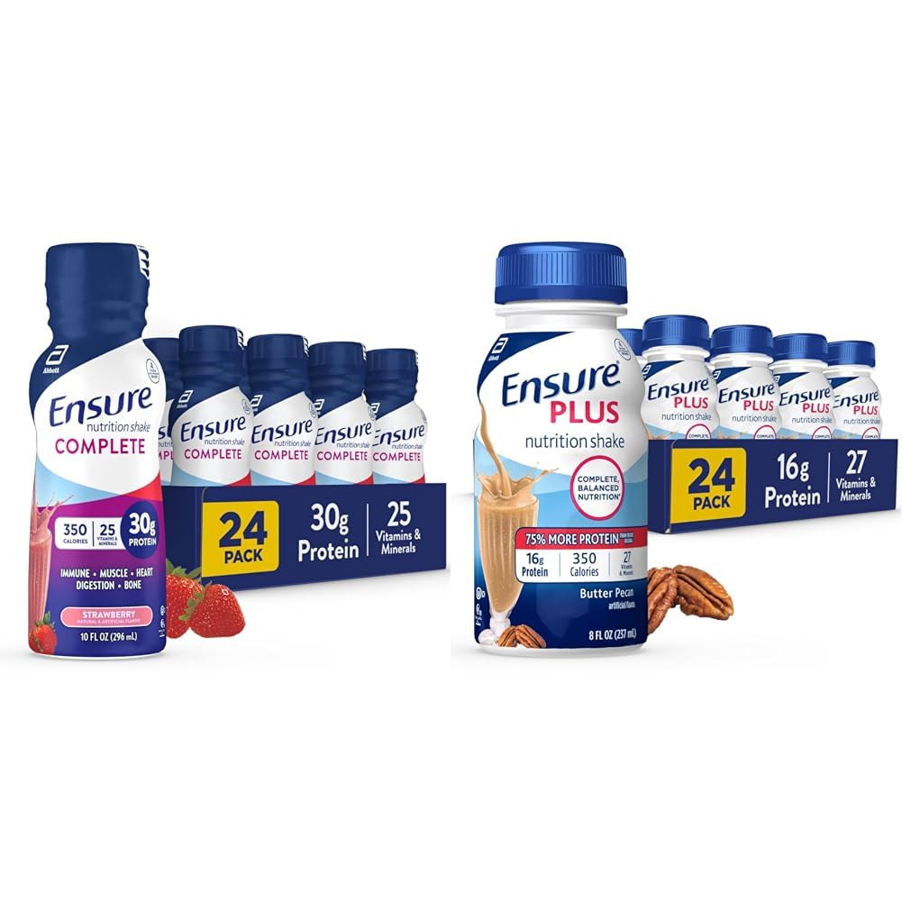 Zajistit COMPLETE Nutrition Shake, 30g proteinu, Nahrazení stravy Shake, s výživovými látkami pro imunitní zdraví, Jahoda, 10 Fl Oz & Plus Máslo Pecan Nutrition Shake, Nahrazení jídla Shake, 24 Pack