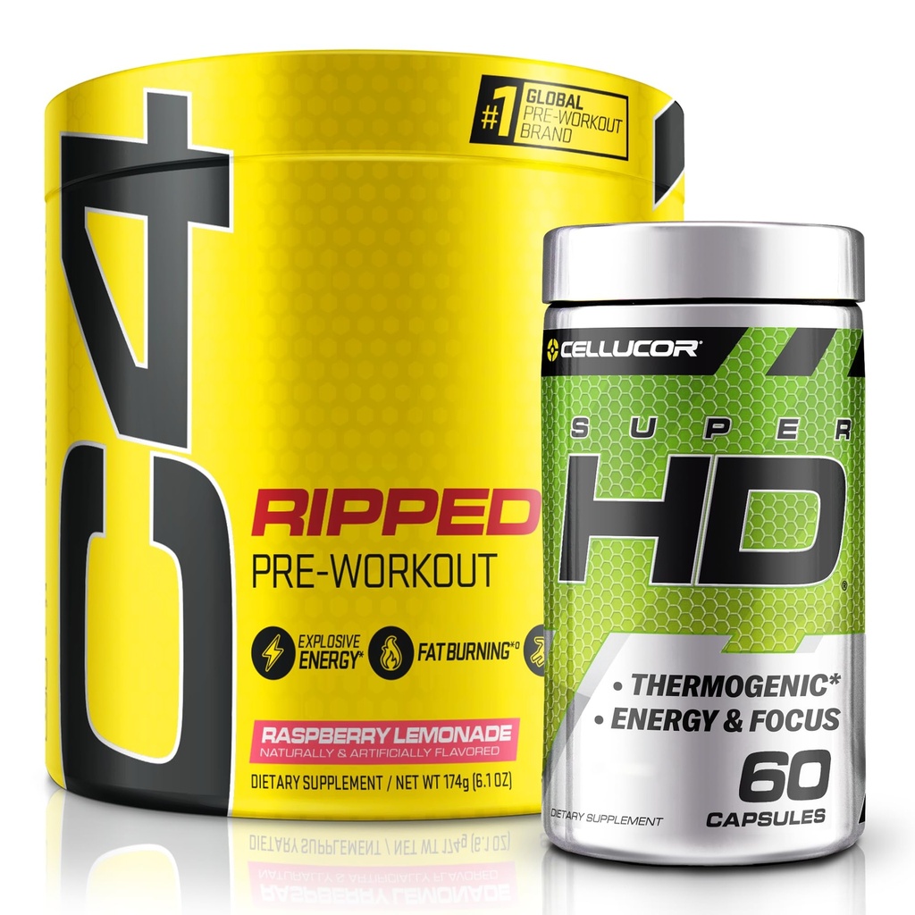 C4 Ripped & SuperHD, Termogenní pouzdro, C4 Ripped Pre Workout Powder, Malina Lemonade 30 Služeb + SuperHD s Capsimax a Zelený čaj Extract, 60 Služeb