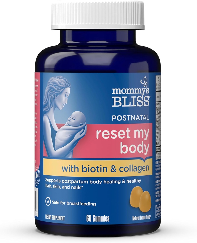 Maminčina Bliss Postnatální podpora Energie & Recovery Gummies s Biotin & Collagen: léčení a společné zdraví, vlasy, kůže a nehty Vitamin, Lepek zdarma, 60 Gummies (30 Služeb)