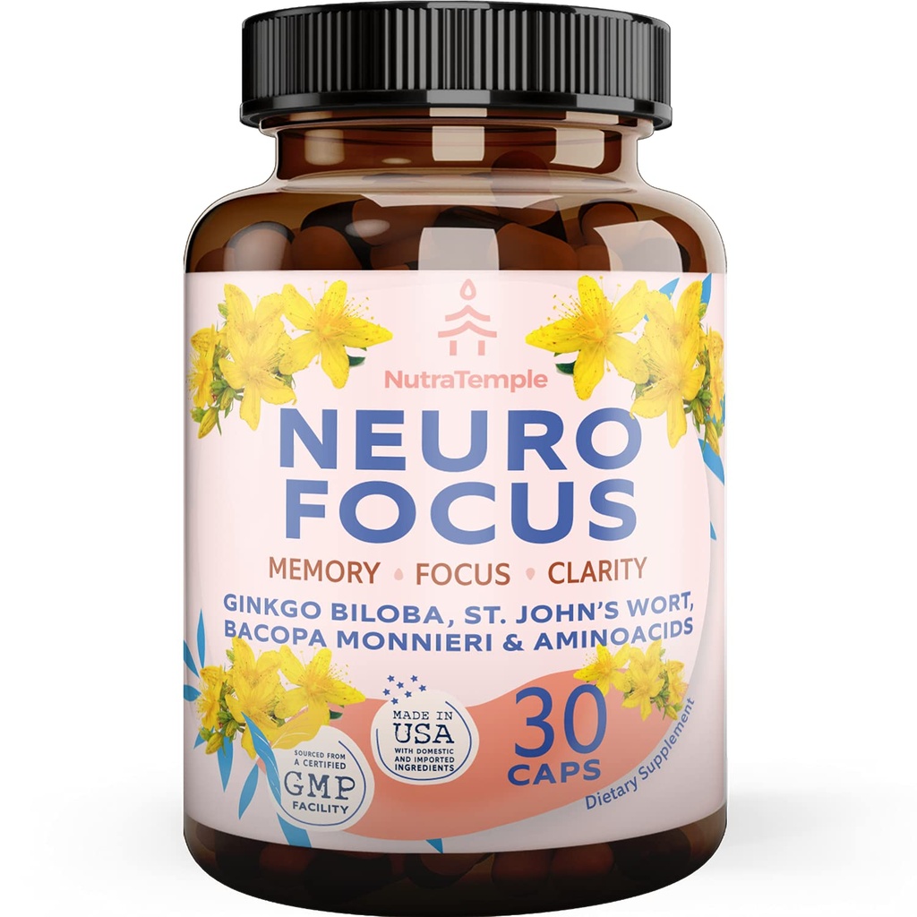 Brain Booster Gingko Biloba dodatek - Nootropics for Mind, Focus, Memory, Clarity with Bacopa Monnieri, St. Johns Wort - 30 Brain Food Capsules
