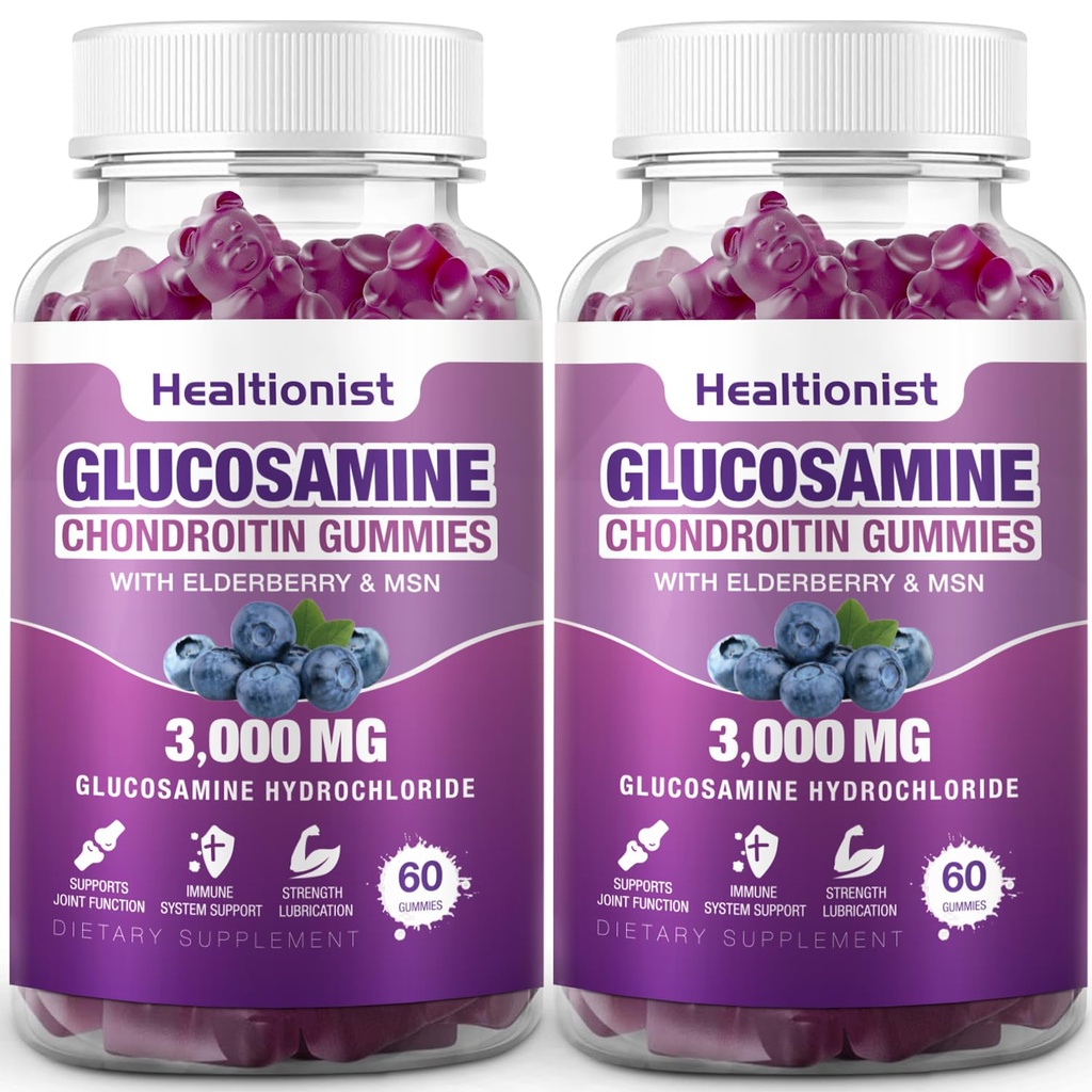 2 Balení 3000mg Glucosamine Chondroitin Gummies s MSM & Elderberry - Extra síla Společné zdraví, pružnost, Antioxidant Imunitní Supplement Gummy pro dospělé, Muži a ženy 120 Cts