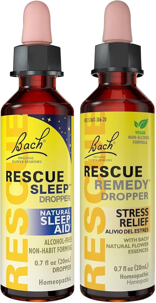 REScue Stress Relief & Sleep Support Bundle, Non- Alkohol Difficias, Bach Remedy Dropper 20ml 2- Pack Sleep Dropper 20ml, Homeopatické květinové esence