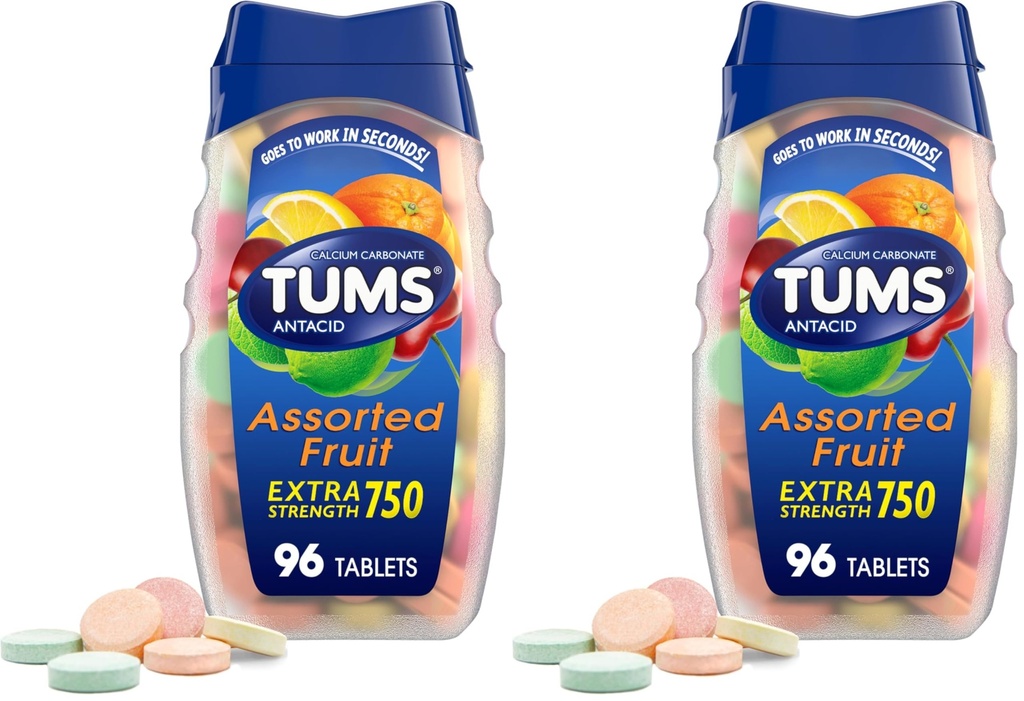 Tums Extra Pevnost Antacida Tablety pro Žvýkací srdce a kyselé požití Relief, Tříděné ovocné příchutě - 96 Počet (balení po 2)