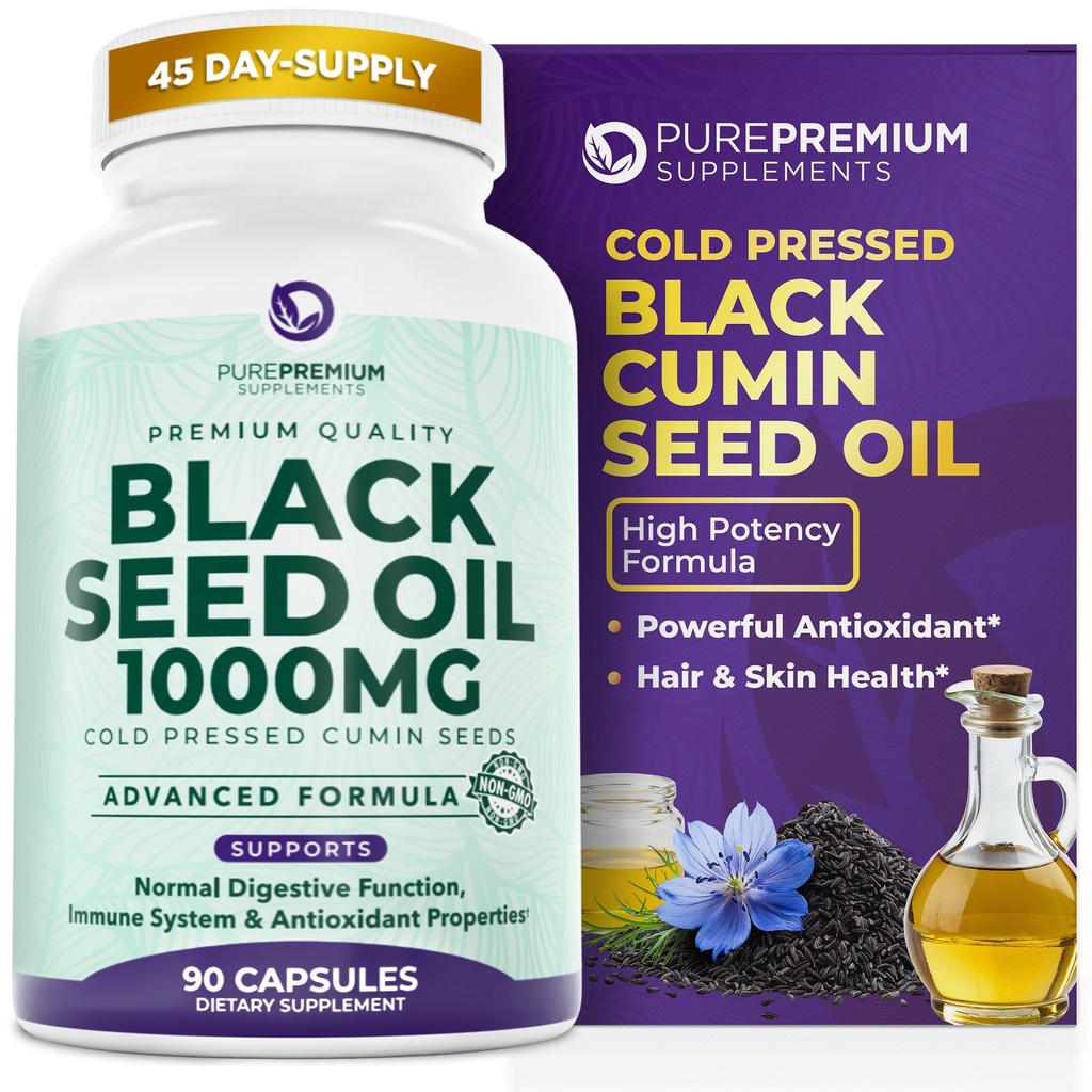PurePremium Black Seed Oil 500mg - Organic Nigella Sativa Seeds, Cold Pressed Black Cumin Oil Extract - Příplatek na vlasy / kůži pro muže / ženy balení 90 Kapsle