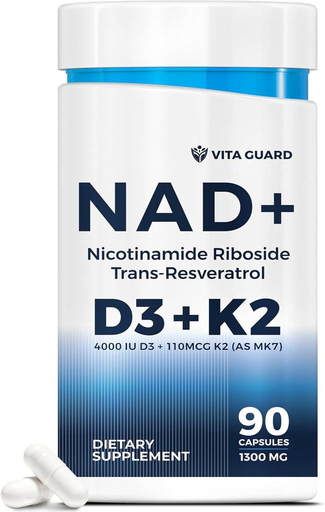 Anti-Aging Energy NAD dodatek - NMN Alternativa s Nicotinamid Riboside 1000mg, Trans- Resveratrol 300mg, Vitamin D3 4000 IU a K2 110 mcg MK7 - Vegetarian 60 Kapsle, 1300mg