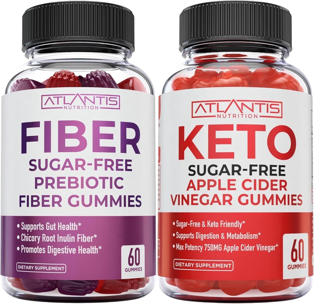 Atlantis Nutrition Sugar Free Prebiotic Fiber Gummies pro dospělé 2- Pack (120 Gummies) + Sugar Free Keto jablečný ocet 60 Gummies