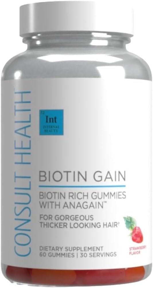 Poraďte se se zdravím BIOTIN GAIN gumy s ANAGAIN - Snížení vypadávání vlasů - Klinicky testováno - 10,000 mcg Biotin vitamin B7 na podporu zdravého růstu vlasů, kůže a nehtů pro ženy a muže - 60 Počet