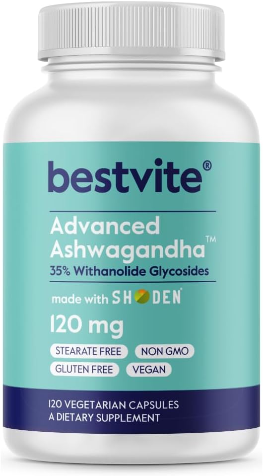 BESTVITE Advanced Ashwagandha 120mg w / Shoden (120 Vegetariánských kapslí) - Klinicky studované obsahující průmysl vedoucí 35% Witanolide Glycosids - No Stearates - Vegan - Non GMO - gluten zdarma