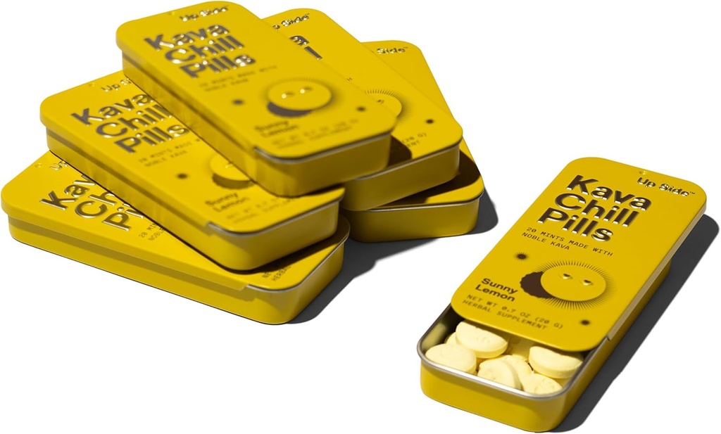 Up Side Kava Chill pilulky, Kava Kava Candy Sunny Lemon Flavor, přírodní doplněk pro podporu klidu a stresu, 6 Pack 20 Mints