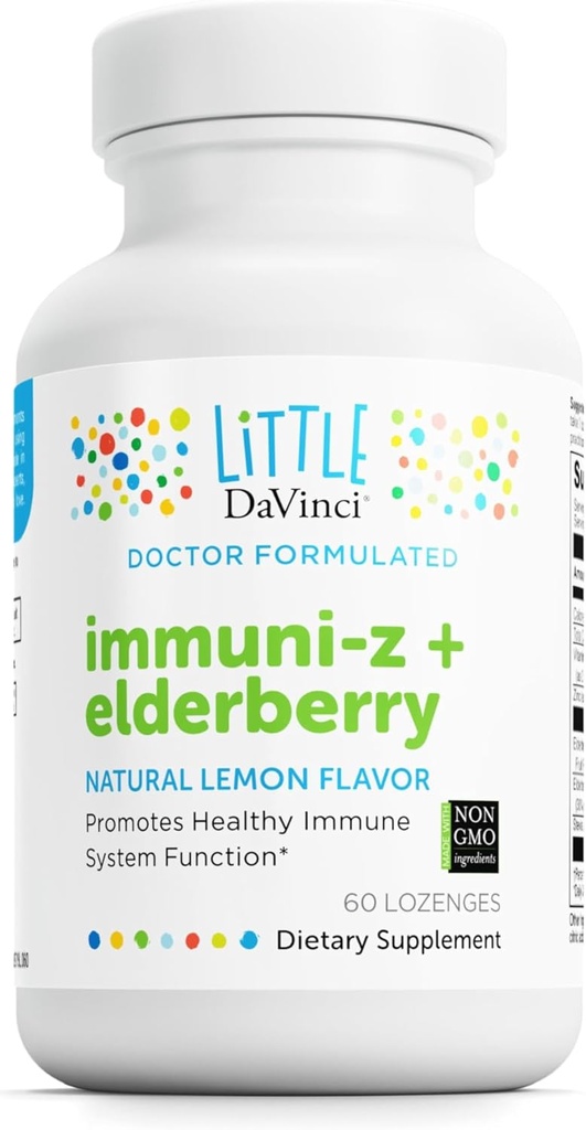 DAVINCI Little Immuni- z + Elderberry - Děti zinkové lenge na podporu imunitního zdraví, zdravé plíce a hrdelní tkáně * - s vitamínem D3, zinek, bezinky a další - Lemon Flavor - 60 Lozenges