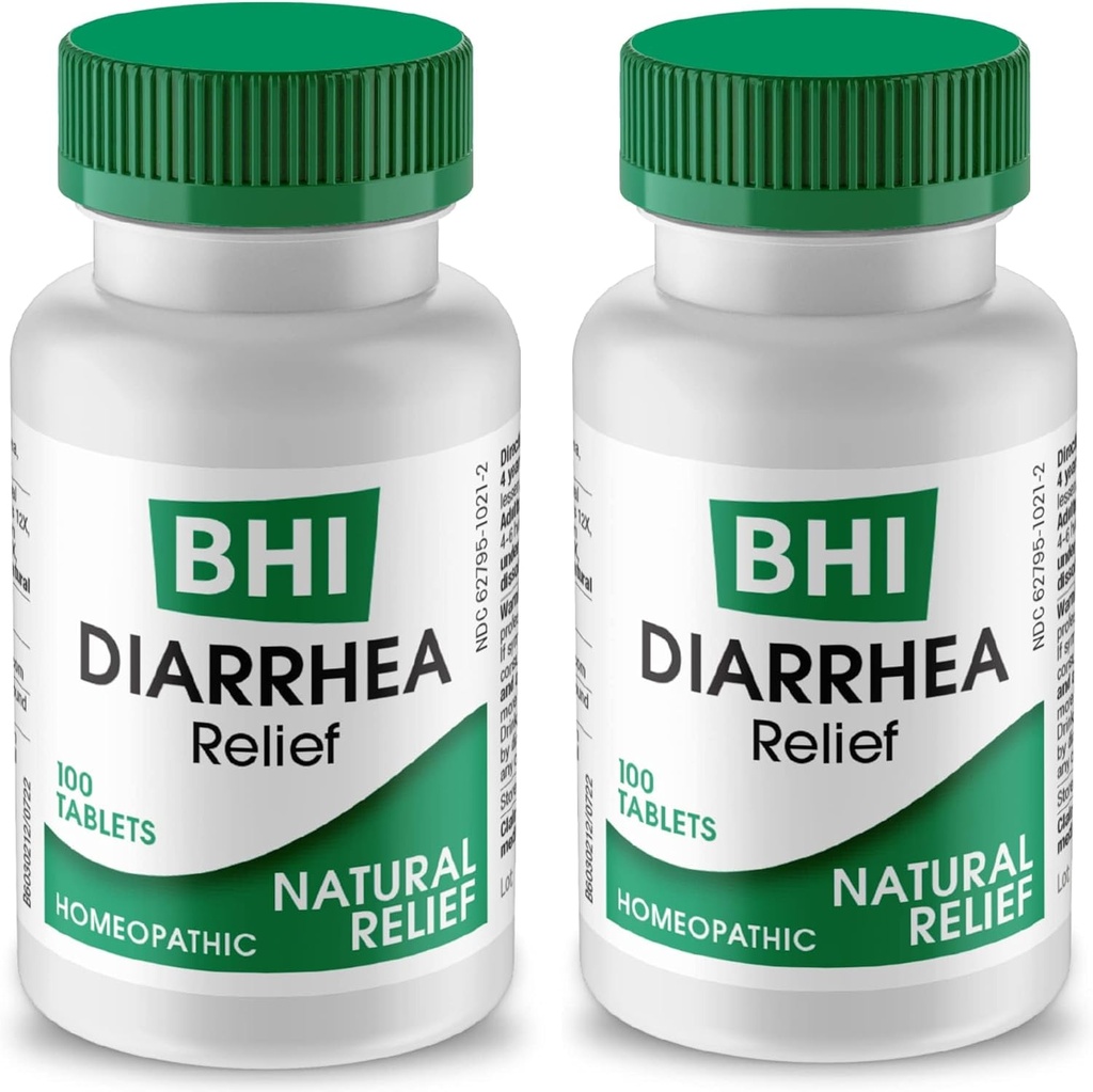 BHI Diarrhea Relief Fast- acting Natural Remedy for Mild Diarhea - 8 Soothing Homeopatická léčiva Nápověda klid žaludku Ache, plyn & křeče pro ženy a muže - 100 tablet (Balení po 2)