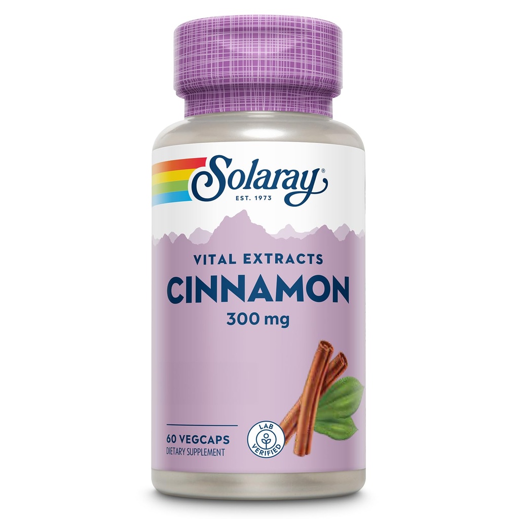 SOLARAY Skořice Extract 300mg - Skořice doplňky pro rovnováhu - Bylinná podpora s 24 mg flavonoidy - Laboratorní ověřené, gluten zdarma, 60denní záruka - 60 Služeb, 60 VegCaps