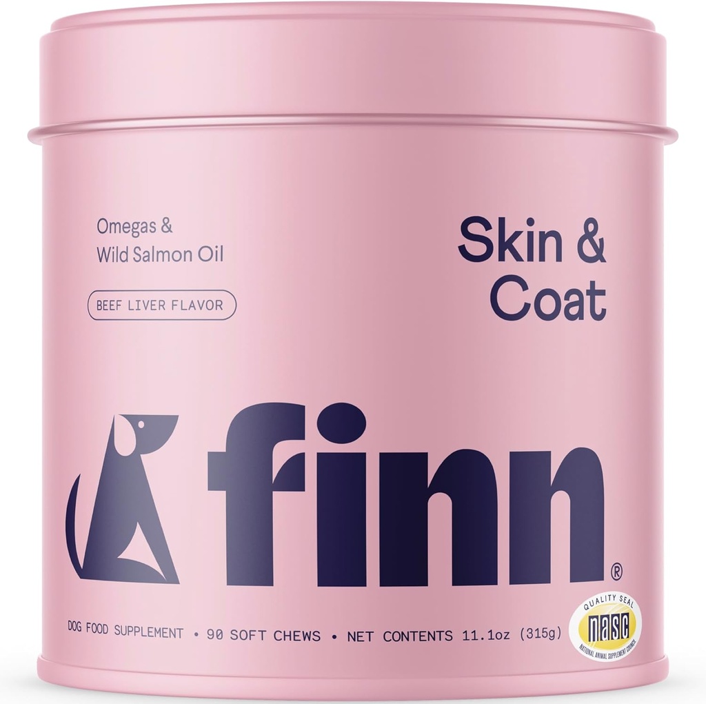 Finn Skin & Coat Salmon Oil Dodatek pro psy 124; Podporuje tlusté & Shiny Coat 124; Rybí olej z divokého aljašského lososa, Omega-3s, EPA & DHA, Biotin, & Zinek 124; 90 Soft Chews