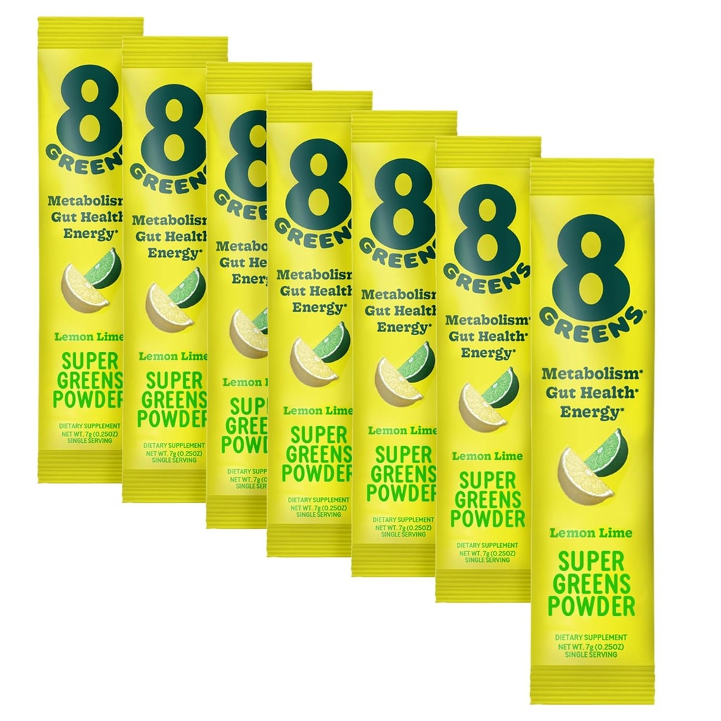 8Green Super Green Powder 124; Prebiotic & Probiotic Směs Superfoods pro Gut Health, Metabolismus, Debloating, s Fiber, Digestive Enzymes, Organic: Spirulina, Chlorella, Lemon Lime, 7 Služeb