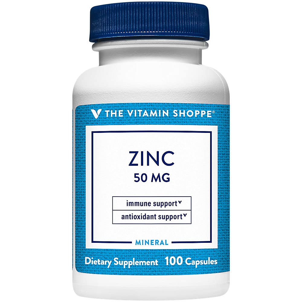 Vitamin Shoppe Zinek 50MG - Imunitní podpora, Kožní zdraví a antioxidant ochrana, esenciální minerální (100 kapslí)