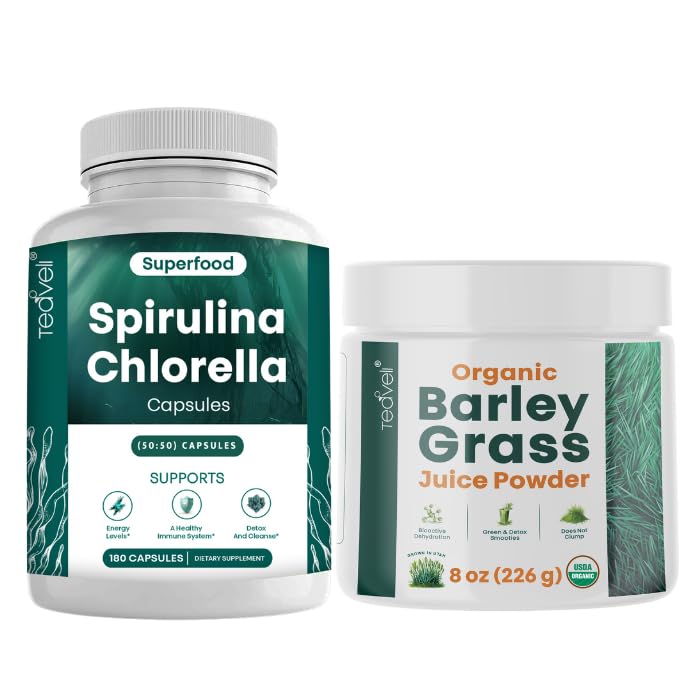 Teaveli Spirulina Chlorella Kapsle a Ječmen Tráva Juice Powder Bundle