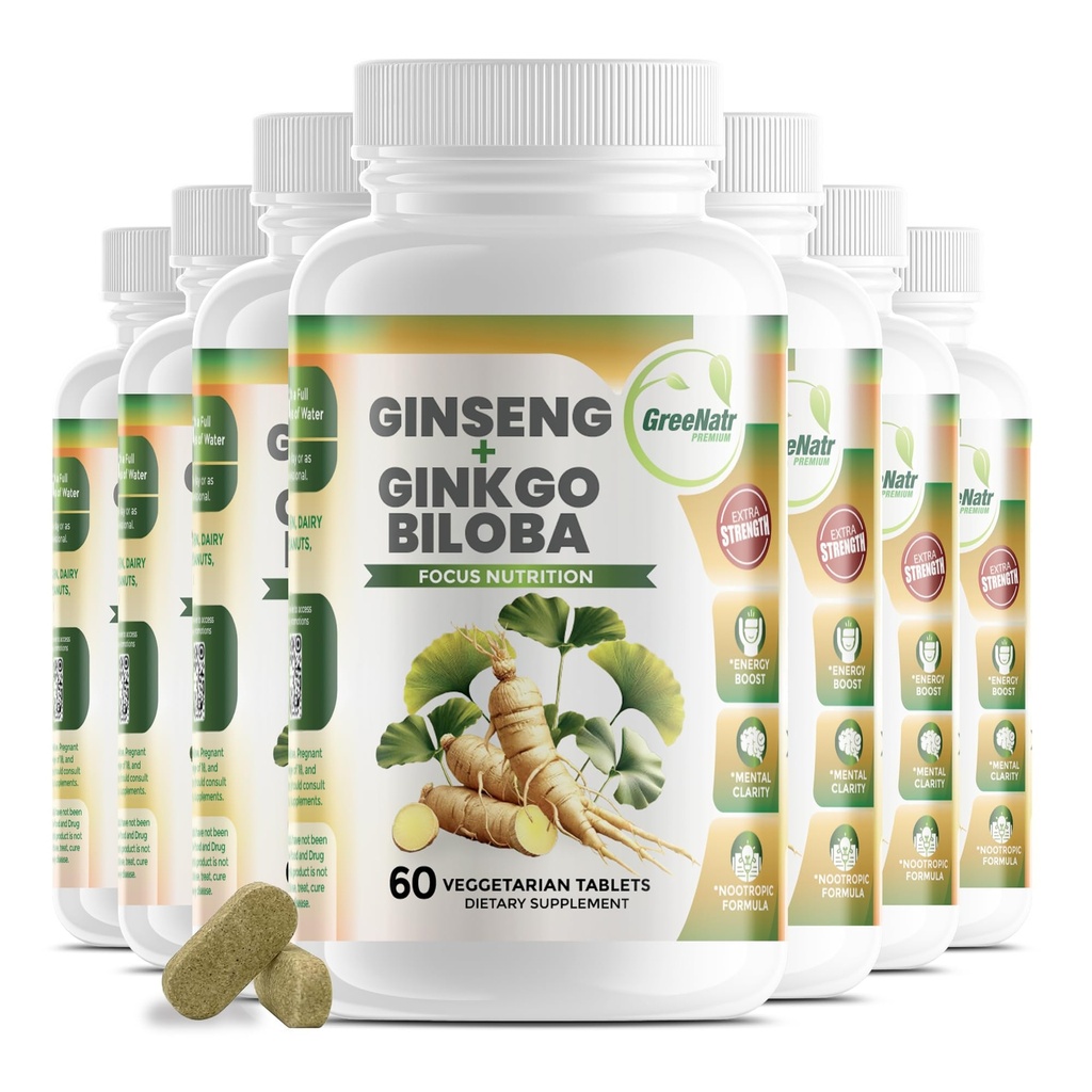 GreeNatr Ginko Biloba & Panax Ginseng Supplement - Červený Ginseng Brain Supplement for Memory and Focus - Ginkgo Biloba doplňky pro dobrou vizi, imunitní systém a lepší krevní tok - 12 lahví