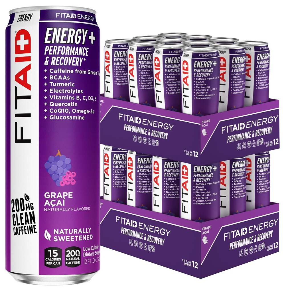 LIFEAID FITAID Energy Grape AţAI, 200mg přírodní kofein, Keto, Pre-Workout Performance: BCAA, Quercetin, Electrolytes, Omega-3s, 15 Calories, Paleo, Vegan & Gluten-Free, 12-oz (balení 24)