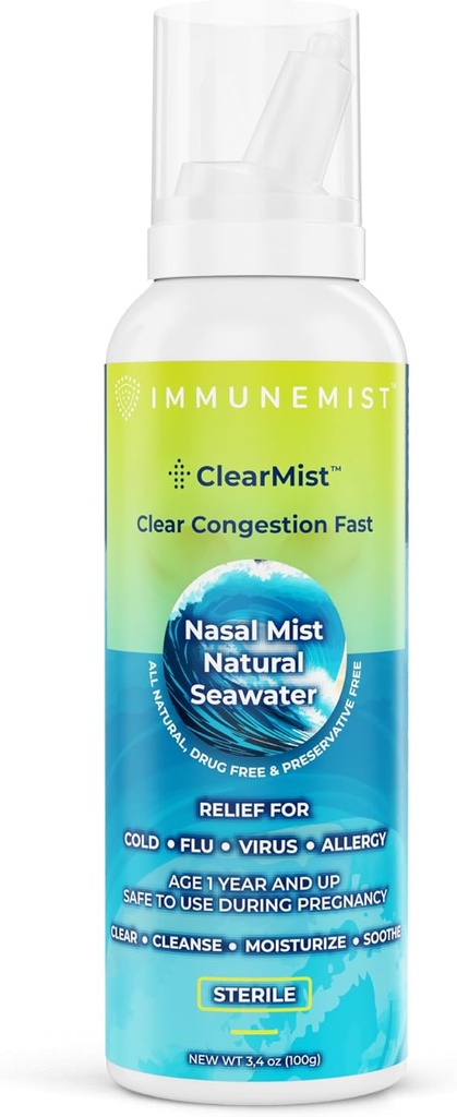 ClearMist Natural Seawater Nasal Spray for Congestion Relief, Hypertonic Saline Nasal Spray for Dry Nose, Moisturization Sinus Decongestant Relief for Dospělí a děti Made in Sweden, bezpečné pro věky 1 +